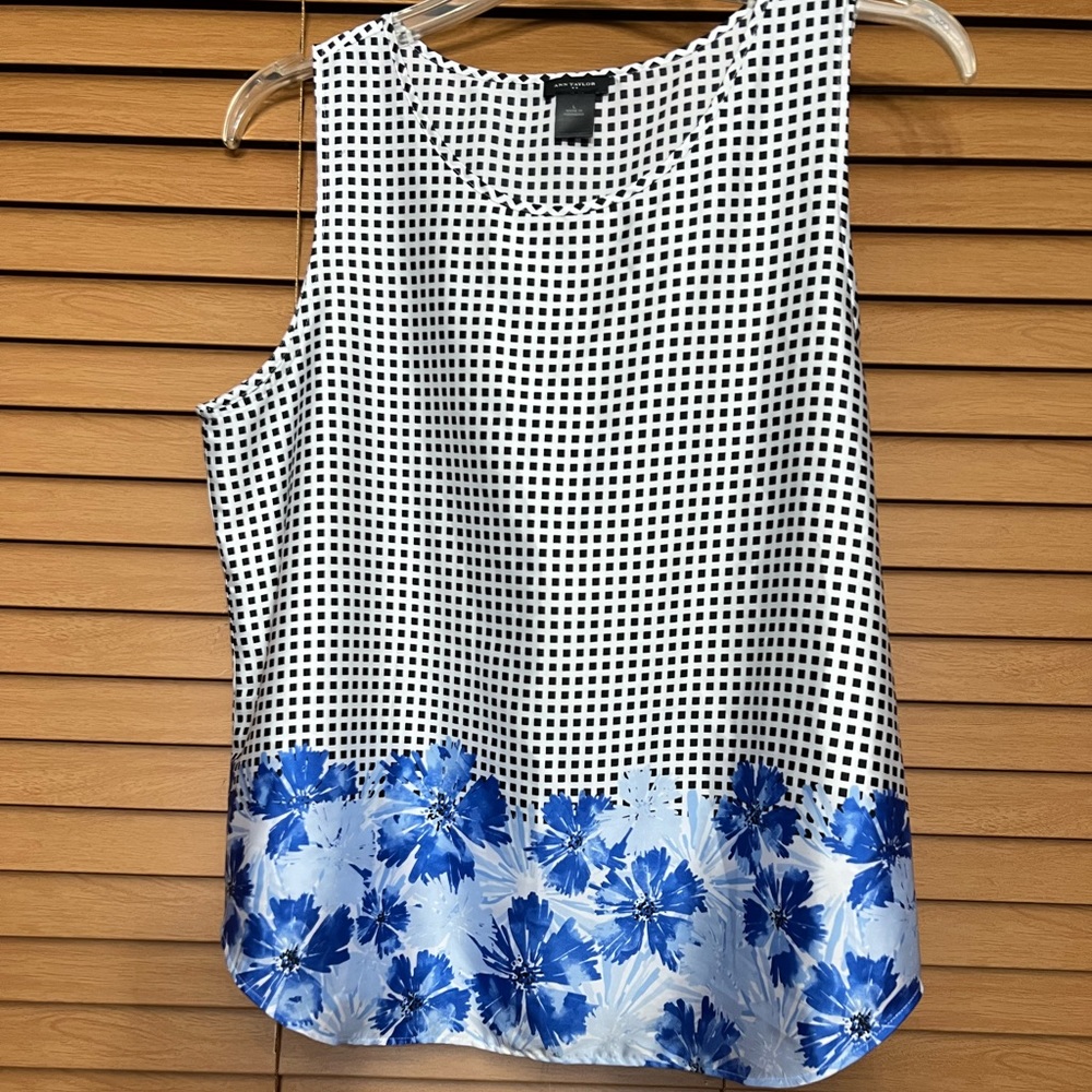 Ann Taylor Mixed Media Tank Sz L white blue black